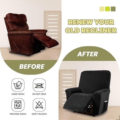 AZON Velvet Stretch Recliner Chair Cover,1-Piece Washable Recliner Couch Cover with Elastic Furniture Protector for Pets, Kids(Recliner, Black)