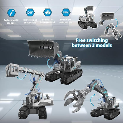 STEM Building Block Construction Toy Set for Kids Age 8-12 - Hydraulic Powered Lift Truck, Bulldozer, Snatch Machine, 3-in-1 Educational Toys, STEM Learning Experience with Fun for Boys