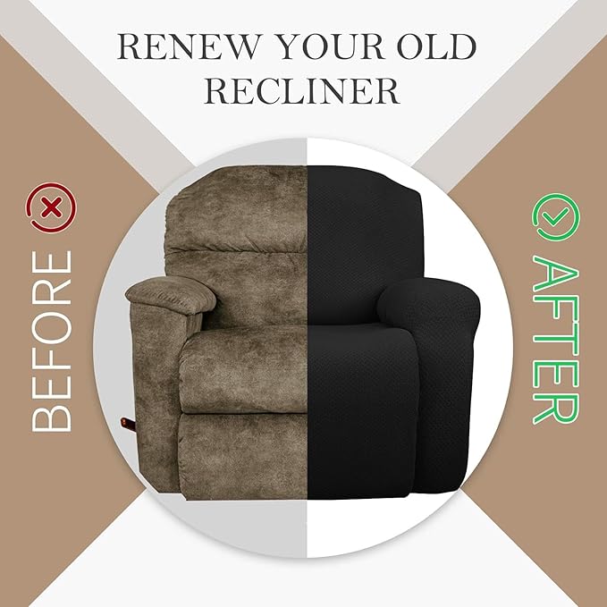 JIVINER Oversized Recliner Chair Covers 4 Piece Stretch Lazy Boy Recliner Sofa Slipcover Jacquard Large Recliner Covers with Elastic Bottom Soft Furniture Protector (XL Recliner,Black)