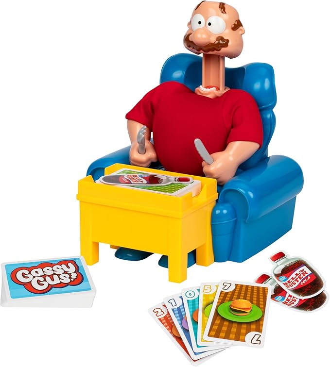 Gassy Gus, The interactive gut-busting game that's a hoot when you toot! Feed Gus gassy foods, but watch out for the big blast of gas! Packed with hilarious sounds, it's Ideal for 2-4 players ages 4+