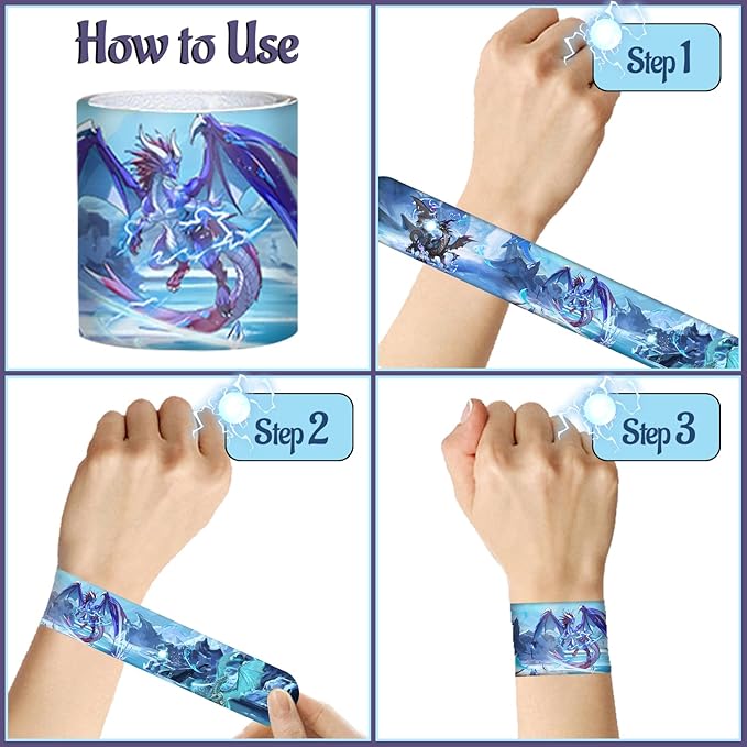 74 PCS Dragon Party Favors, 24 PCS Dragon Slap Bracelets 50 PCS Dragon Stickers Dragon Birthday Party Decorations Supplies Gifts for Kids Classroom Rewards