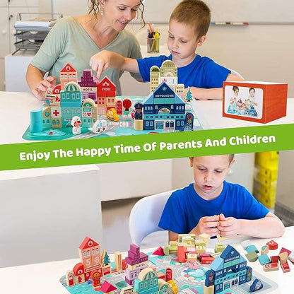Wooden Building Blocks for Toddlers, Kids City Construction Stacking Creative Toys, Preschool Learning Education Block for Boys Girls Ages 2 3 4 5 (120 pcs)