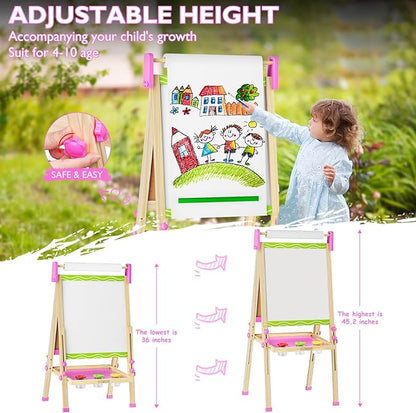 Doselie Easel for Kids,Adjustable Wooden Kids Art Easel with Paper Roll,Double-Sided Magnetic Toddler Easels,Dry Erase Whiteboard and Chalk Board,Toys for 3 4 5 6 7 8 9 10 Year Old Girl Boy Gift