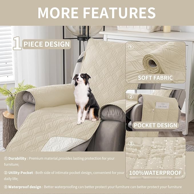 Easehomey 100% Waterproof Recliner Chair Covers, Non Slip Dog Chair Cover Furniture Protector Washable Chair Cover with Pocket, Elastic Straps for Kids,Pets,Dogs (Beige, 23.6")