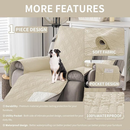 Easehomey 100% Waterproof Recliner Chair Covers, Non Slip Dog Chair Cover Furniture Protector Washable Chair Cover with Pocket, Elastic Straps for Kids,Pets,Dogs (Beige, 23.6")