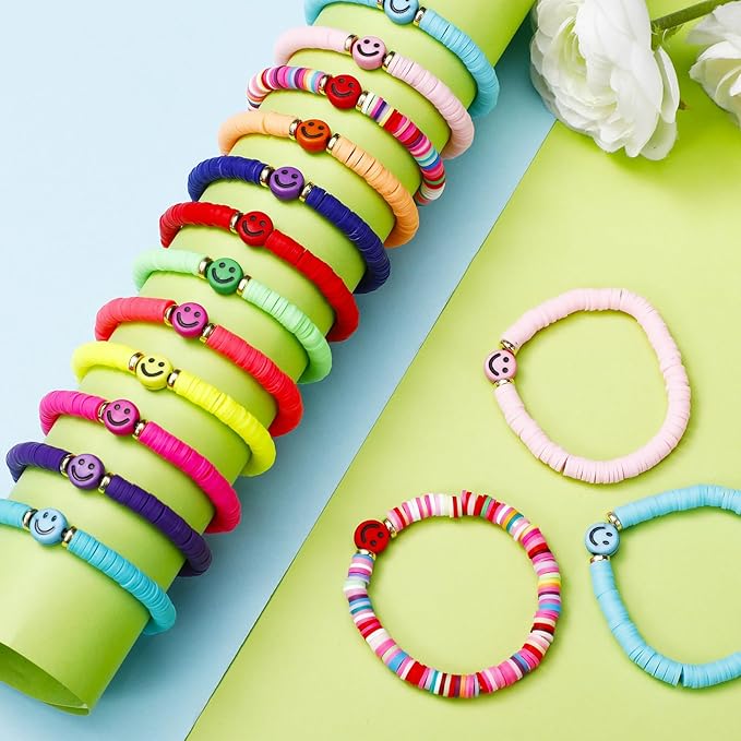 Sureio 24 Pcs Colorful Happy Smile Face Friendship Bracelets Preppy Bracelets Heishi Surfer Stretch Bracelets Beaded Bracelet for Women Party Favors