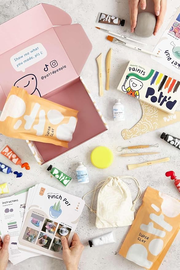 Pott'd Air Dry Clay for Adults. Beginners Home Pottery Kit for Adults. DIY Craft Kit for Adults. Kit Includes: Air-Dry Clay for Adults, Tools, Paints, Brushes, Sealant, How-to-Guides