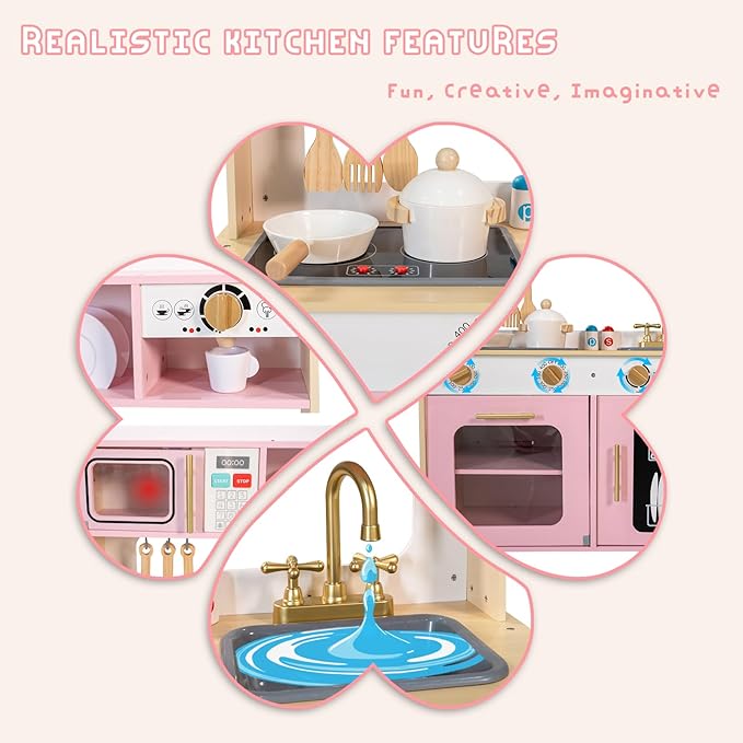 Garsing Toy Kitchen Playset with Real Sounds and Lights, Double Sided Kids Kitchen Playset with Restaurant, Wooden Play Kitchen with Cutting Food Set and Cooking Accessories for Kids Ages 3-8, Pink
