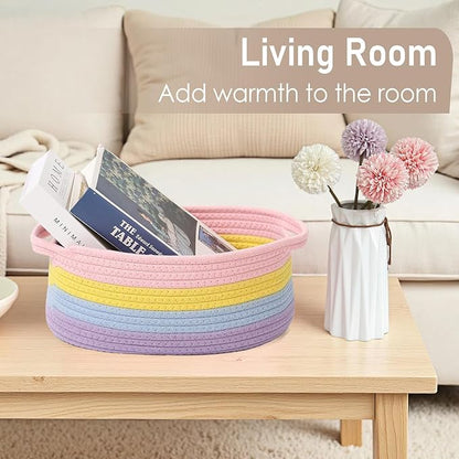 JMvicyroam Woven Basket,Small Rope Storage Bin with Handles & Ribbon Bag, Organizer for Shelves Closets,Gift Basket Empty for Birthday,Books,Dog Toys, Rainbow/3 Pack