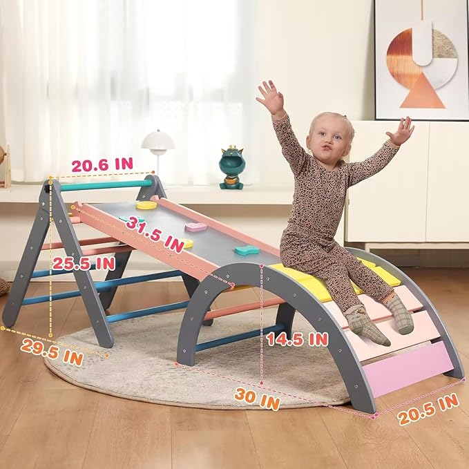Pikler Triangle Set with Cushion, 7 in 1 Toddler Climbing Toys Indoor, Montessori Foldable Climbing Set, Wooden Climbing Toys for Toddlers 1-3 Inside with Ramp, Arch and Ladder (Rainbow with Blue)