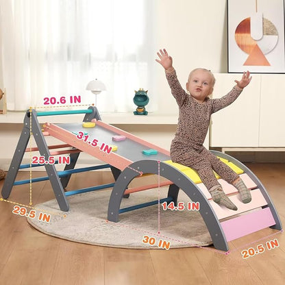 Pikler Triangle Set with Cushion, 7 in 1 Toddler Climbing Toys Indoor, Montessori Foldable Climbing Set, Wooden Climbing Toys for Toddlers 1-3 Inside with Ramp, Arch and Ladder (Rainbow with Blue)