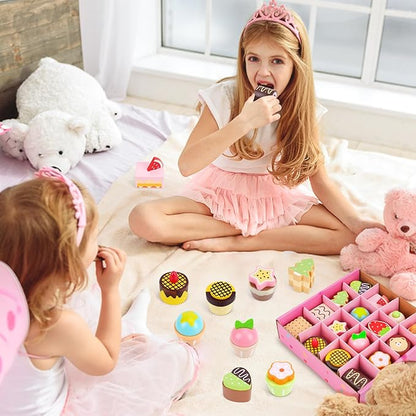 Wooden Cake Toys Tea Set Desserts Sets for Kids, Wooden Pretend Play Toys, Wooden Tea Party Set for Little Girls, Wooden Play Food Set Kitchen Accessories, Baking Gifts for 3 4 5 Years Old Girls Boys