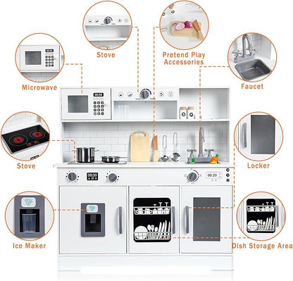 Wooden Play Kitchen Set, Kitchen Playset with Cookware Accessories, Microwave, Oven, Sink, Real Lights & Sounds - Perfect for Chef Pretend Play