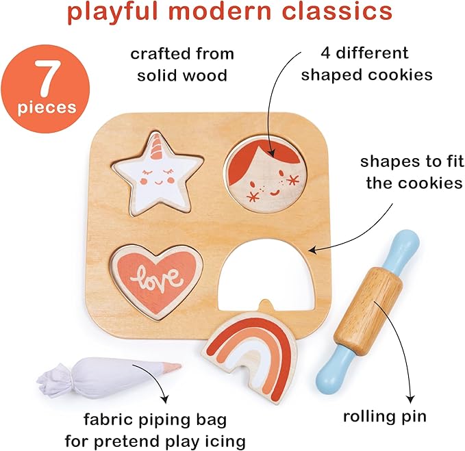 Mentari Toys - Cookie Cutting Set - 7pc Wooden Cookie Play Food Set with Accessories - Pretend Play Cookies and Baking for Toddlers - Shape Sorting Imaginative Play Set for Toddlers - Age 2+