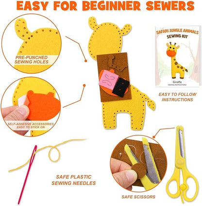 Safari Jungle Animals Sewing Kit Zoo Felt Animal DIY Crafts for Girls and Boys Educational Nursery Sewing for Kids Art Craft Kits for Beginners Set of 10