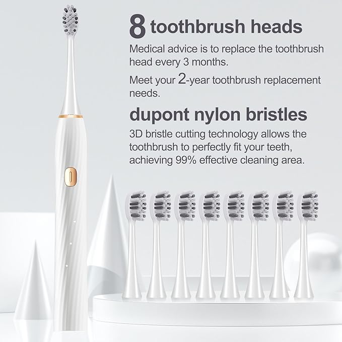Electric Toothbrush for Adults and Kids, Sonic Electric Toothbrush, 4 Modes and 2 Minute Timer, 30000-45000VPM Power Toothbrush, IPX8, One Charge for 90 days 8 Replacement Head, Christmas Gift (White)