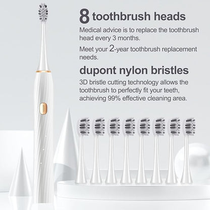 Electric Toothbrush for Adults and Kids, Sonic Electric Toothbrush, 4 Modes and 2 Minute Timer, 30000-45000VPM Power Toothbrush, IPX8, One Charge for 90 days 8 Replacement Head, Christmas Gift (White)