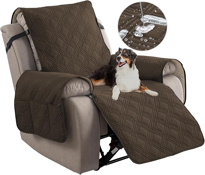 Easehomey 100% Waterproof Recliner Chair Covers, Non Slip Dog Chair Cover Furniture Protector Washable Chair Cover with Pocket, Elastic Straps for Kids,Pets,Dogs (Coffee, 23.6")
