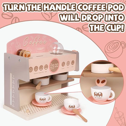 Kids Wooden Coffee Maker Playset Espresso Machine Playset with Grinder Toddler Pretend Play Montessori Kitchen Accessories Realistic Kitchen Toy,Gift for Toddler Boys & Girls