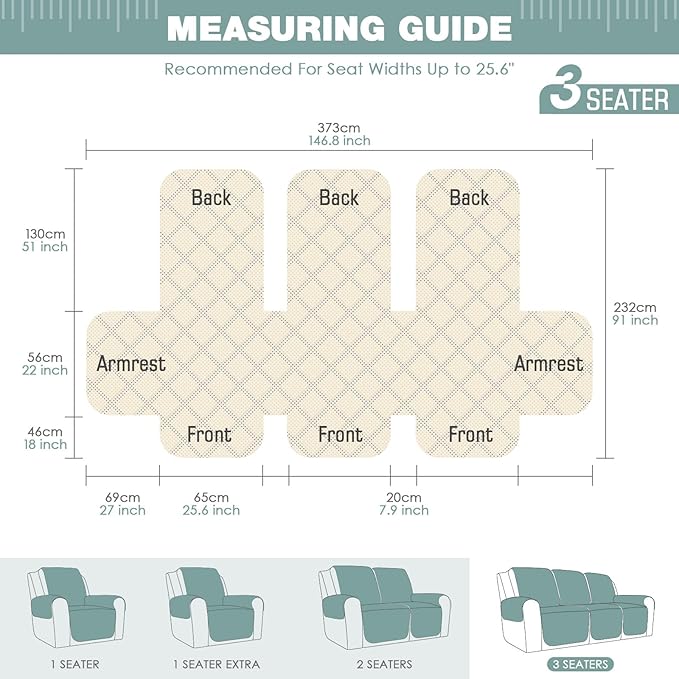 TAOCOCO Recliner Sofa Slipcover Couch Covers for 3 Cushion Couch, Pet Sofa Cover for 3 Seat Recliner Sofa, Washable Reclining Sofa Cover Furniture Protector with Elastic Straps(3 Seater, Mint)