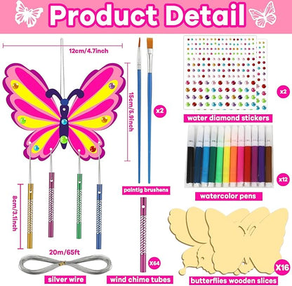 16 Pack Butterfly Wind Chime Kits Butterfly Crafts for Kids Make Your Own Butterfly Wind Chime Wooden DIY Arts and Crafts for Spring Summer Party School Classroom Decorations Supplies Birthday Favors