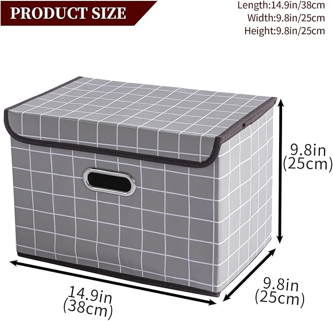 STOREONE Fabric Storage Cube Bins Foldable Organizer Container Collapsible Basket with Lids and Metal Handles, for Home, Bedroom, Closet 6 Pcs (Grey grid)