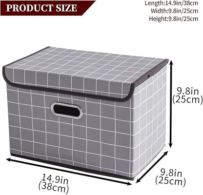 STOREONE Fabric Storage Cube Bins Foldable Organizer Container Collapsible Basket with Lids and Metal Handles, for Home, Bedroom, Closet 6 Pcs (Grey grid)
