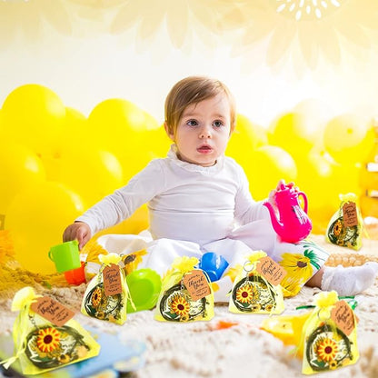 130 Pcs Sunflower Party Favors Including Sunflower Keychains Adjustable Sunflower Bracelets PVC Sunflower Stickers Thank You Kraft Tags Organza Bags for Birthday Summer Party Wedding School Reward