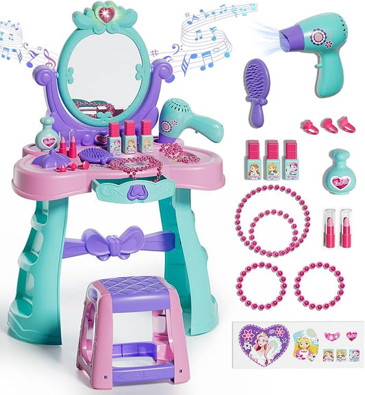 Lehoo Castle Kids Vanity Table and Chair Set with Mirror Light Music, Toddler Girls Makeup Table with Stool ＆ Hair Dryer, Pretend Play Princess Dress Up Vanity Set, Birthday Gifts for 3 Year Old Girl