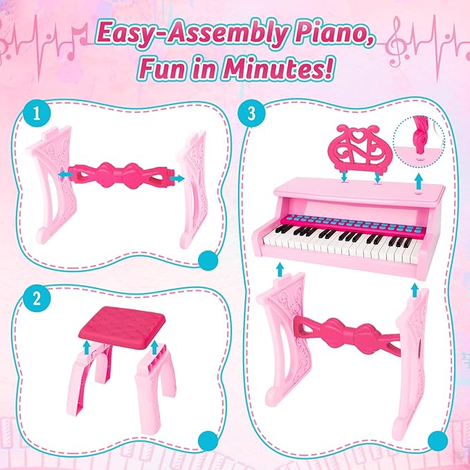 deAO Kids Piano Keyboard Toys for Girls, 37 Keys Toddler Pianos Toy with Stool and Microphone, Christmas Birthday Gift for Kids 3+ Years Old