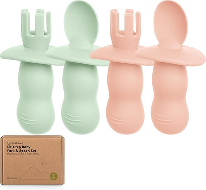KeaBabies 4-Pack Silicone Baby Spoons and Forks Set - Baby Spoon Self Feeding, BLW Baby Utensils 6-12 Months, Baby Led Weaning Feeding Spoon,Teething Infant Baby First Food Training Pre Spoon (Mellow)
