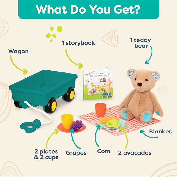 B. Toys- Happyhues - Cara-Mellow Bear Playset- Plush Bear with Picnic Play Set-Board Book – Wagon & Play Food – 18 Months +