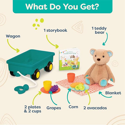 B. Toys- Happyhues - Cara-Mellow Bear Playset- Plush Bear with Picnic Play Set-Board Book – Wagon & Play Food – 18 Months +