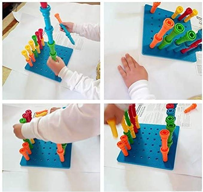 Peg Board Set Toys-Montessori Occupational Therapy Fine Motor Skills Toy, Suitable for Toddlers and Preschoolers Over 3+ Year Old. 25 Tall-Stacker Pegs Rubber 8" Pegboard