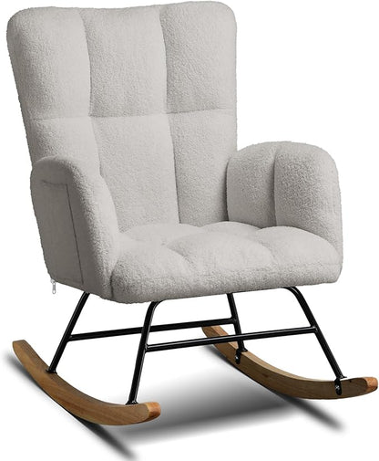COMHOMA Nursery Rocking Chair, Teddy Upholstered Glider Rocking Chair with Side Pockets, Accent Chair with High Backrest Reading Chair for Adult, Nursery, Bedroom, Living Room,Offices (Grey)