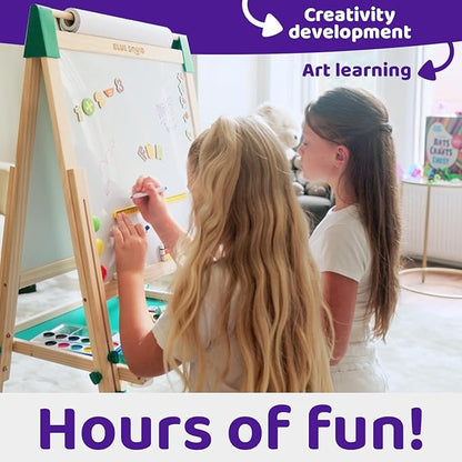 Blue Squid Art Easel for Kids - Dual-Sided Adjustable Wooden Painting Easels, Ideal Christmas Gift for Toddlers and Kid - with Magnetic Chalk Board, White Board & Paper Roll, Includes Accessories
