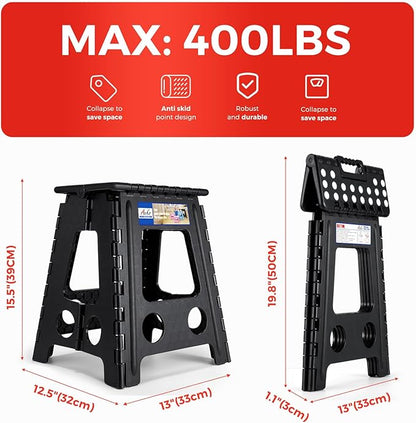 ACKO Folding Step Stool Foldable 16 Inch Stool 400 lbs Capacity,Plastic Stools for Adults and Kids,Collapsible Stool for Kitchen, Stepping Stool with Handle,Black,1 PC