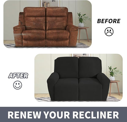 JIVINER Loveseat Recliner Covers, Jacquard 4 Piece Recliner Sofa Cover with Pockets Washable Lazy Boy Reclining Couch Protector with Elastic Bottom (Recliner Loveseat, Black)