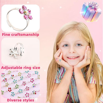 Little Girl Jewel Rings, Adjustable Pink Rings Girls Kids Pretend Play and Dress up Jewelry Set, Cute Rings with Display Case Party Favors Toys Gifts