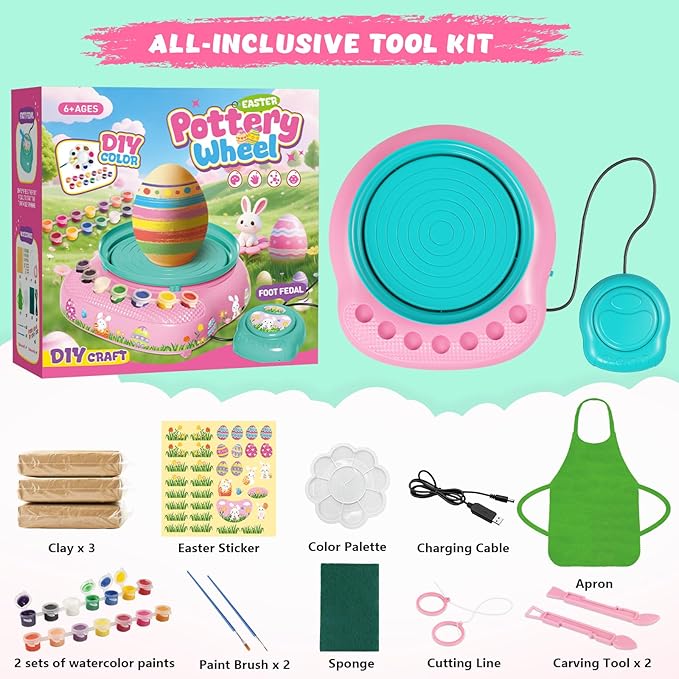 TingingYuli Pottery Wheel for Kids with Clay Kit - Arts and Crafts for Kids Ages 6-8 8-12, Complete Pottery Kit with Air Dry Clay and Painting Tools, Easter Christmas Birthday Gift for Boys Girls