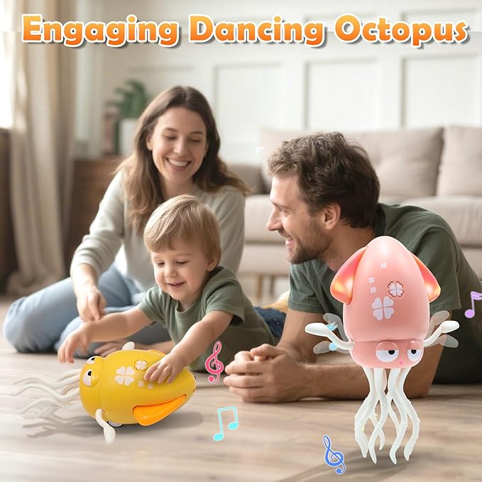 Pbooo Magic Dancing Octopus Toy, Electric Crawling with LED Lights and Music, Rechargeable Music Squid Baby Toy for 3-6 Year Olds, Tummy Time and Toddler Walking Toy, Birthday Gift, Yellow