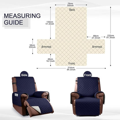 KinCam 100% Waterproof Recliner Chair Cover, Reclining Couch Covers for Pets, Dogs, Recliner Couch Slipcover Furniture Protector with Elastic Straps for Kids(30", Dark Blue)