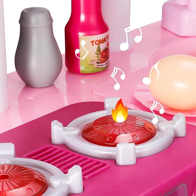 TEMI Play Kitchen Playset Pretend Food - 53 Pieces Pink Kitchen Toys for Toddlers, Toy Accessories Toddler Set with Sound and Light, Toddler Outdoor Playset for Kids, Girls and Boys