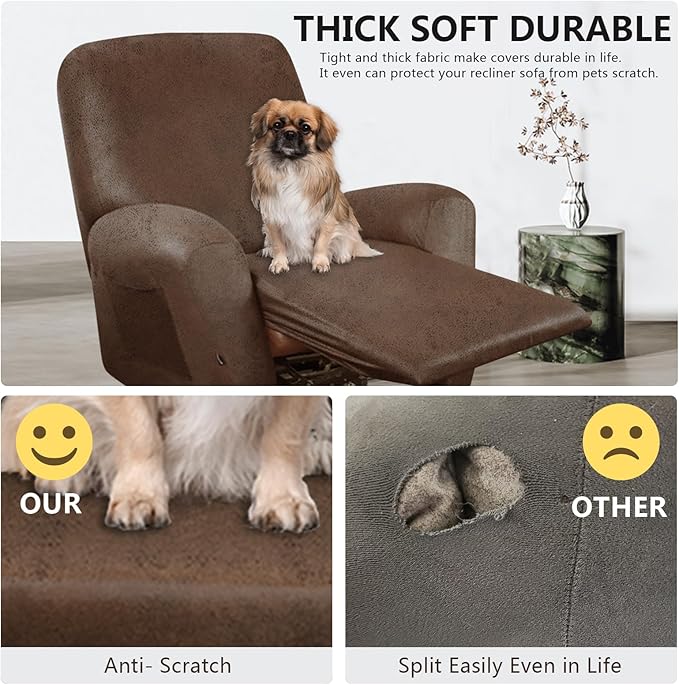 Recliner Chair Covers Leather Like, 4 Pieces Lazy Boy Recliner Cover, Furniture Protector - Washable Soft Sofa Slipcover for Pets Kids (Brown)