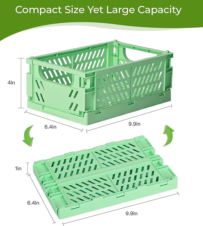 HUUSMOT 4-Pack Small Pastel Plastic Storage Baskets, Collapsible Crates for Organizing, Space-Saving Mini Bins for Classroom, Kitchen, Office, Bedroom (Green, 9.8" x 6.5" x 3.8")