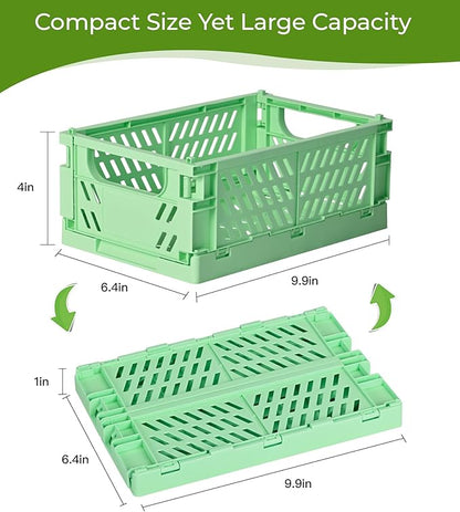 HUUSMOT 4-Pack Small Pastel Plastic Storage Baskets, Collapsible Crates for Organizing, Space-Saving Mini Bins for Classroom, Kitchen, Office, Bedroom (Green, 9.8" x 6.5" x 3.8")