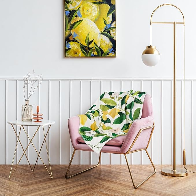 Lemon Fuzzy Blanket 60 x 50 Inch Yellow Lemon with Green Leaves Throw Blanket Bed Blanket Soft Warm Spring Summer Blanket for Adults Kids Gift Home Chair Sofa Couch