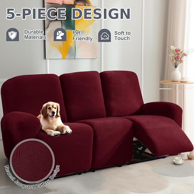 JIVINER Recliner Couch Cover, Jacquard 5 Piece Stretch Sofa Covers for 3 Cushion Reclining Lazy Boy Soft Washable Sofa Slipcovers Protector with Pockets (Recliner Sofa, Wine Red)