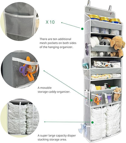 Door Hanging Storage Organizer,with 3 Bins 1 Movable Baby Diaper Caddy,1 Large capacity diaper stacking storage Organizer,10 Side Pockets ,Bedroom Door Storage for Nursery Baby Essentials.Grey 1 Pack.