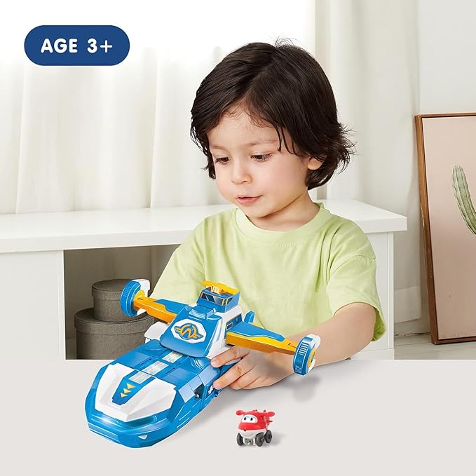 Super Wings 3-in-1 World Aircraft Transforming Robot with Light and Sound Effects, with a 2‘’ Transformable Robot Jett, Transformable Toy Role Play Toys for Kids, Gifts for Boys & Girls Age 3+ Blue